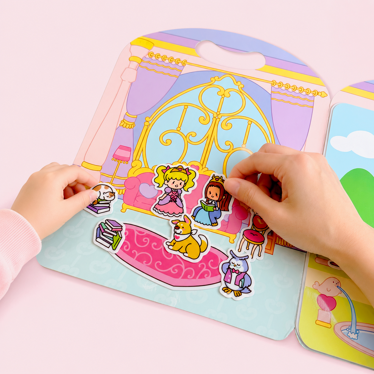 A grandparent and child placing stickers in the Castle Library sticker book together