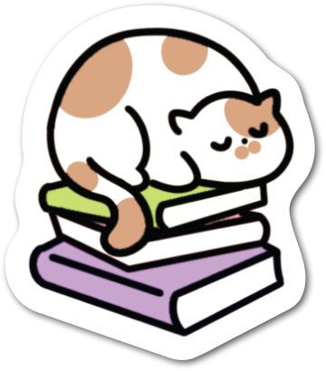 Cat sleeping on a stack of books sticker