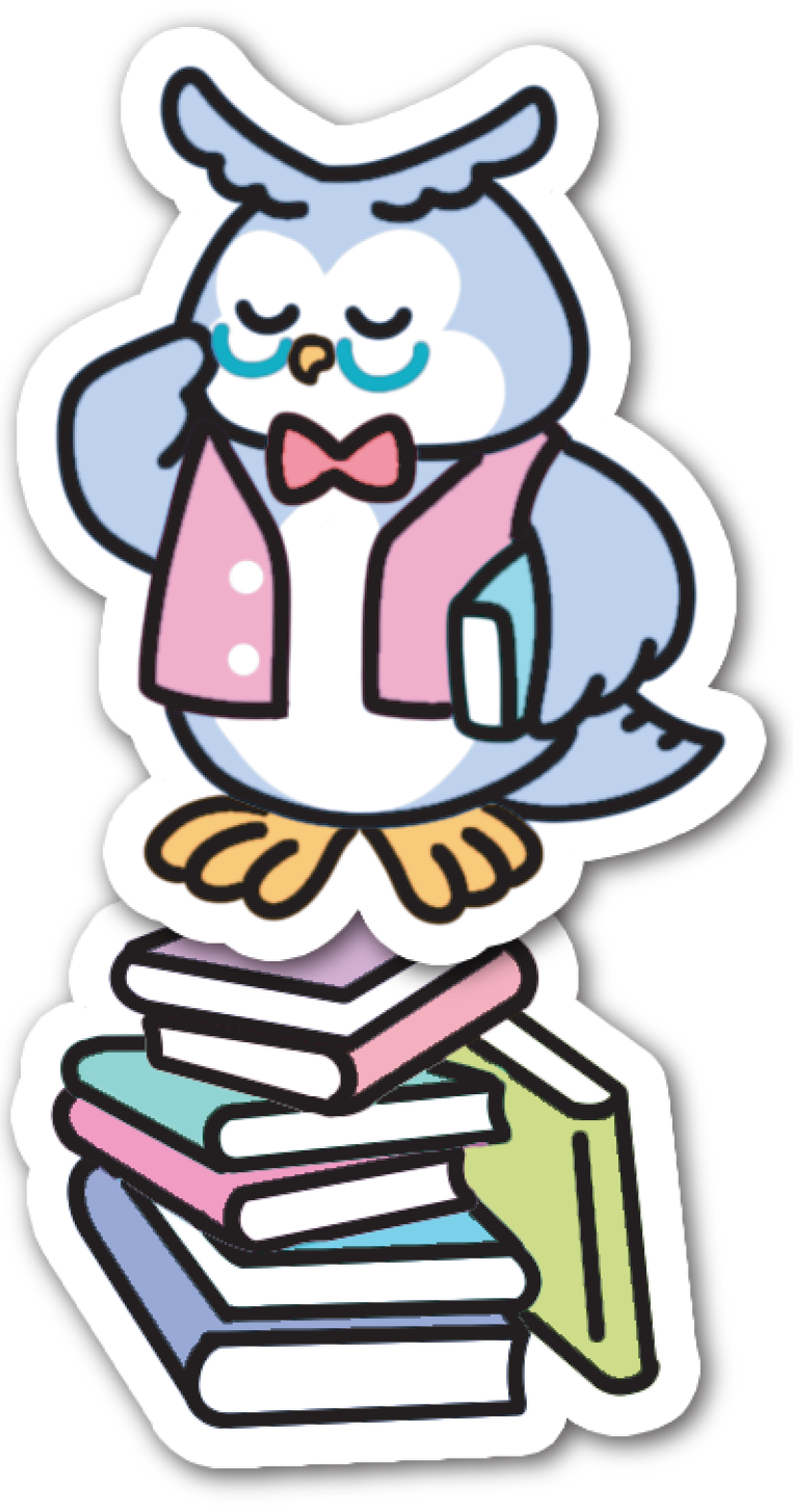 Owl reading on a stack of books sticker