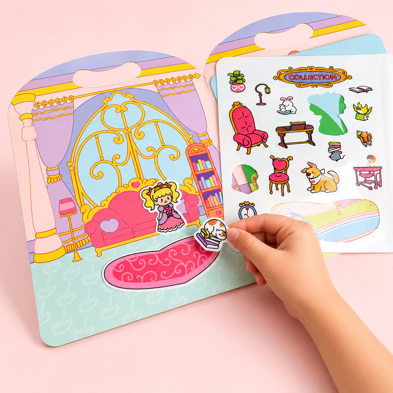 The Castle Library sticker kit with a child placing a sticker on a storybook scene
